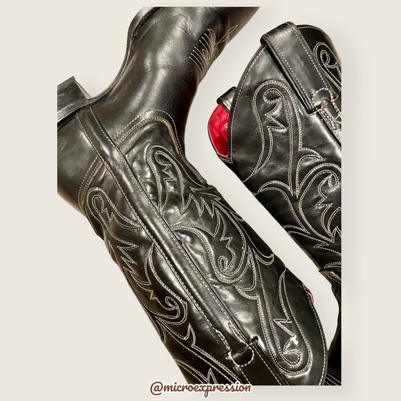 VINTAGE 1990 Frye Black Red Contrast Leather Embroidery Stitch Tall Cowboy Boot - Picture 9 of 11